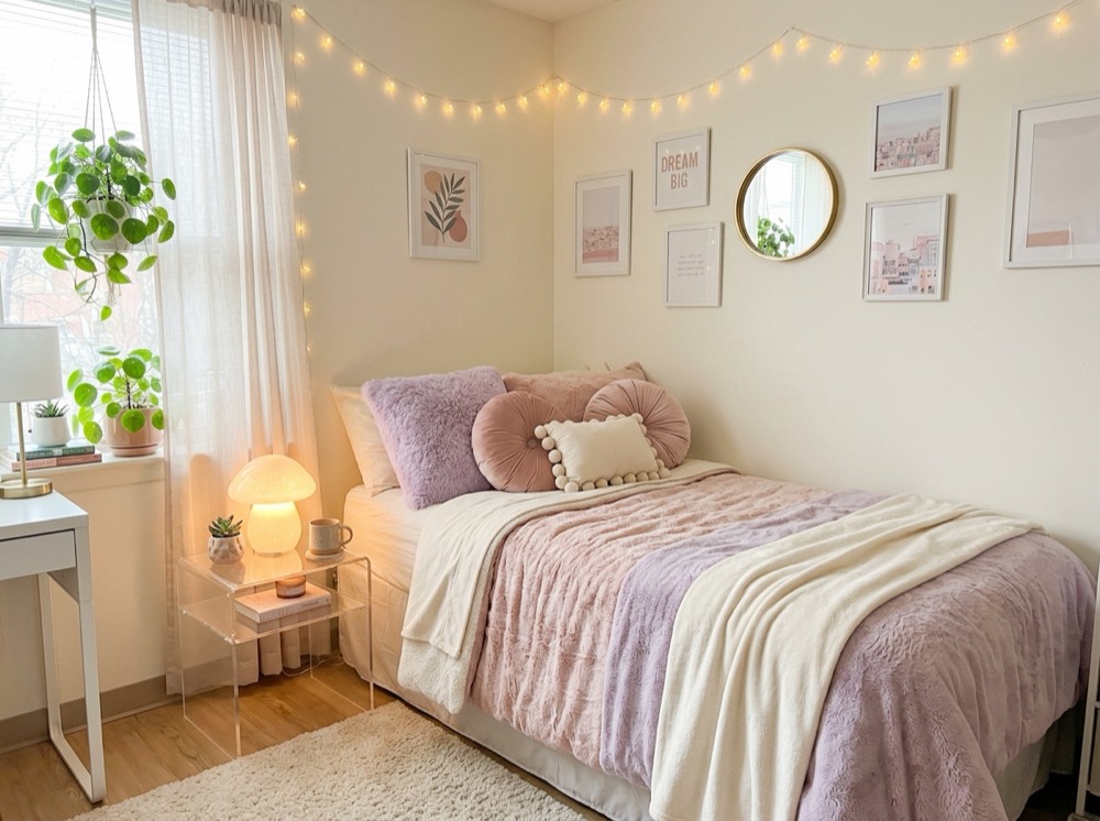A cozy pastel dorm bedroom: pink and lilac bedding, a glowing mushroom lamp, fairy lights and a gallery wall.